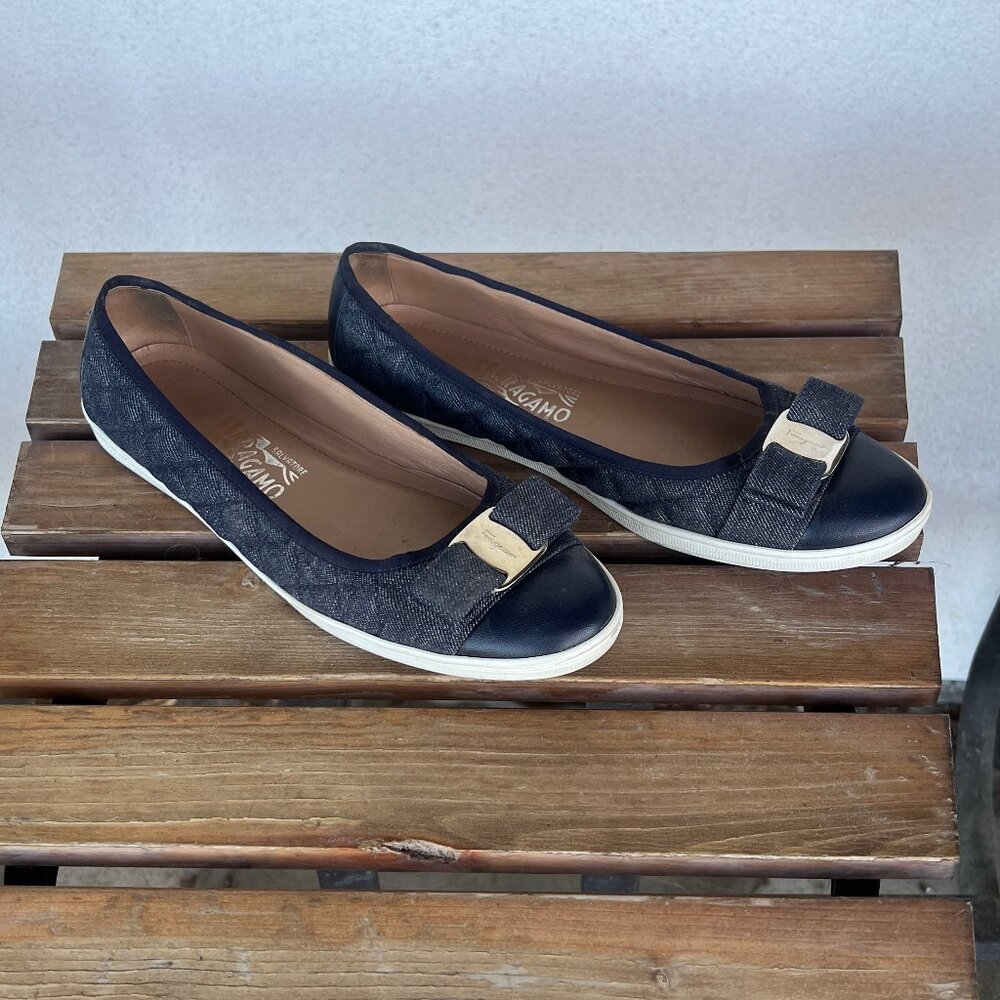 Salvatore Ferragamo Blue Quilted Denim Rufina Sneaker Ballet Flats Bow Size 9